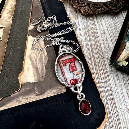 Road To Nowhere - Lucky Number 7 / Slot Machine With Garnet Charm Necklace Fine Silver - One of a Kind
