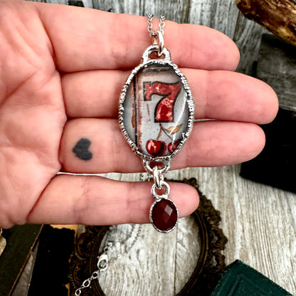 Road To Nowhere - Lucky Number 7 / Slot Machine With Garnet Charm Necklace Fine Silver - One of a Kind