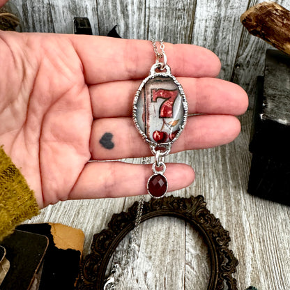 Road To Nowhere - Lucky Number 7 / Slot Machine With Garnet Charm Necklace Fine Silver - One of a Kind