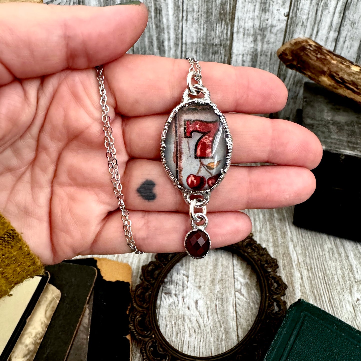 Road To Nowhere - Lucky Number 7 / Slot Machine With Garnet Charm Necklace Fine Silver - One of a Kind