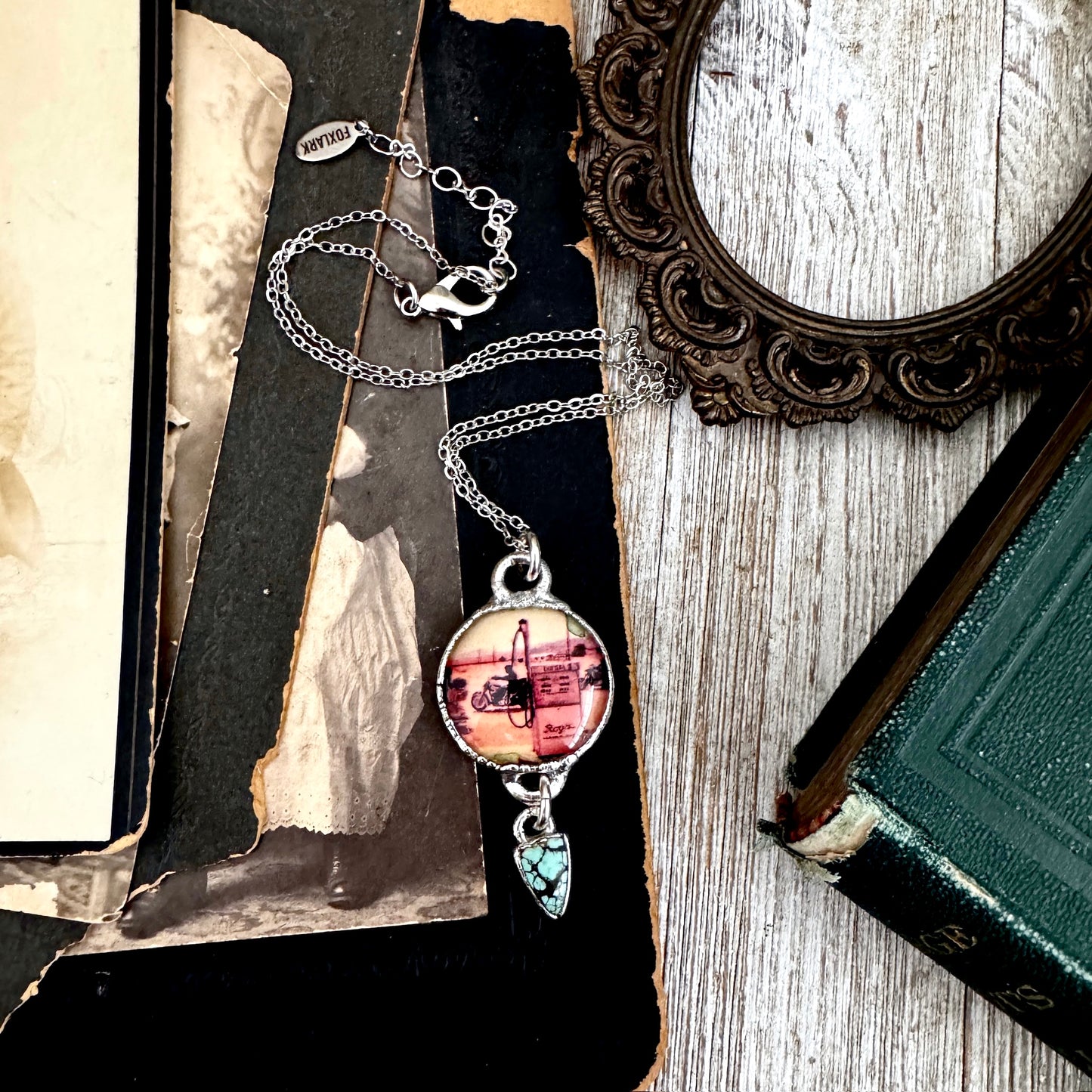 Road To Nowhere - Vintage Motorcycle / Gas Pump With Turquoise Charm Necklace Fine Silver - One of a Kind
