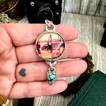 Road To Nowhere - Vintage Motorcycle / Gas Pump With Turquoise Charm Necklace Fine Silver - One of a Kind