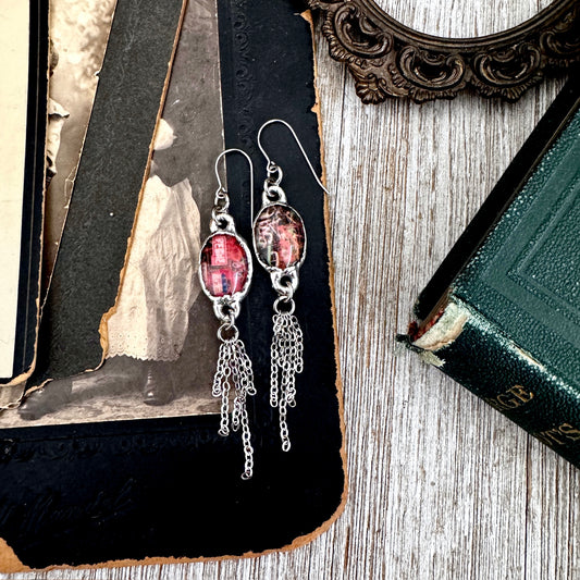 Road To Nowhere - Mismatched Dive Bar Graffiti Fine Silver Long Fringe Earrings