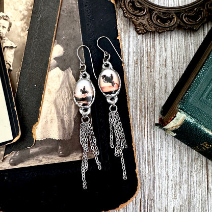 Road To Nowhere - Mismatched Vintage Cowboy On Horse Fine Silver Long Fringe Earrings