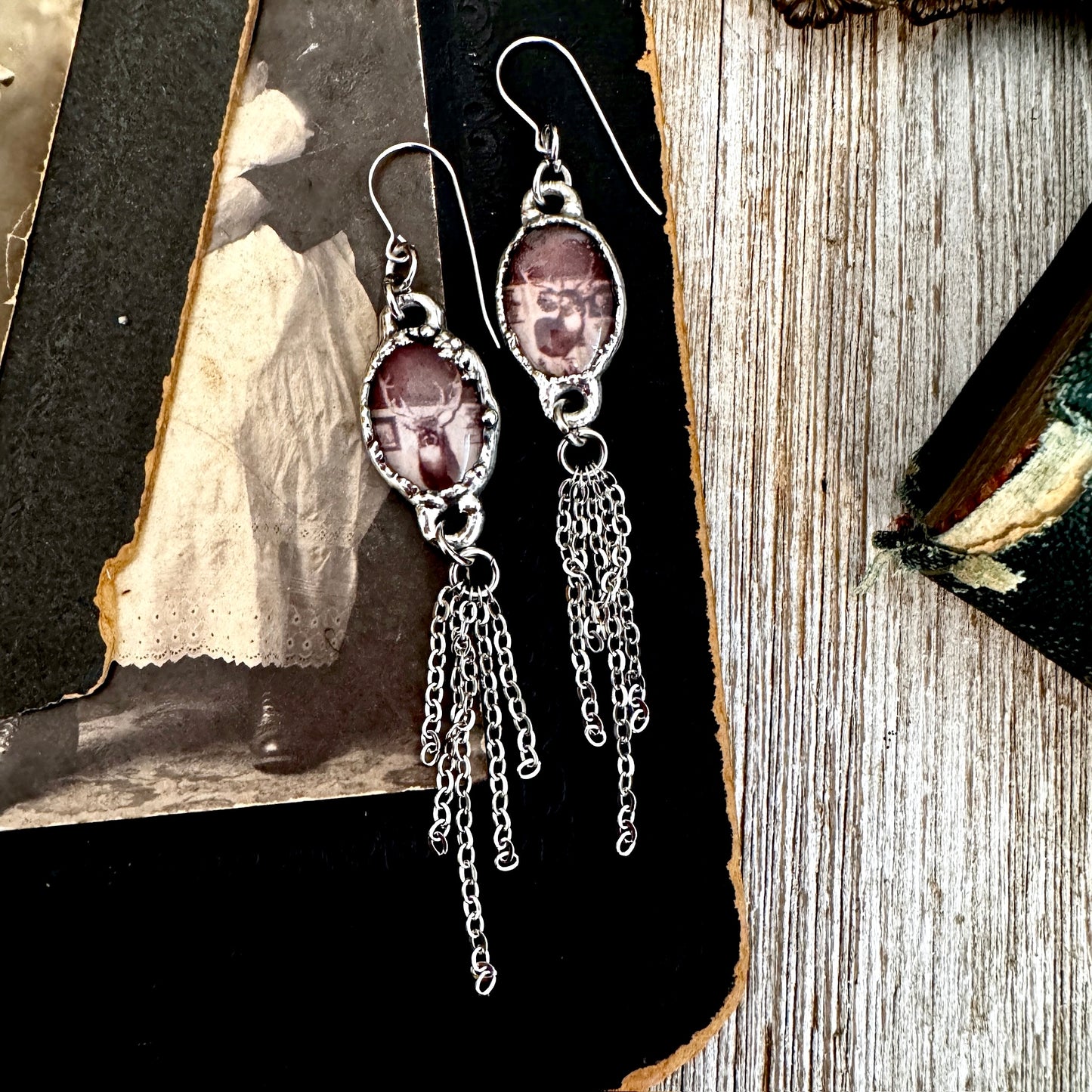 Road To Nowhere - Mismatched Vintage Bar / Deer Taxidermy  Fine Silver Long Fringe Earrings