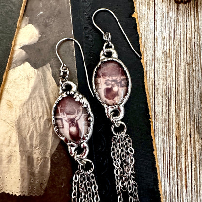 Road To Nowhere - Mismatched Vintage Bar / Deer Taxidermy  Fine Silver Long Fringe Earrings