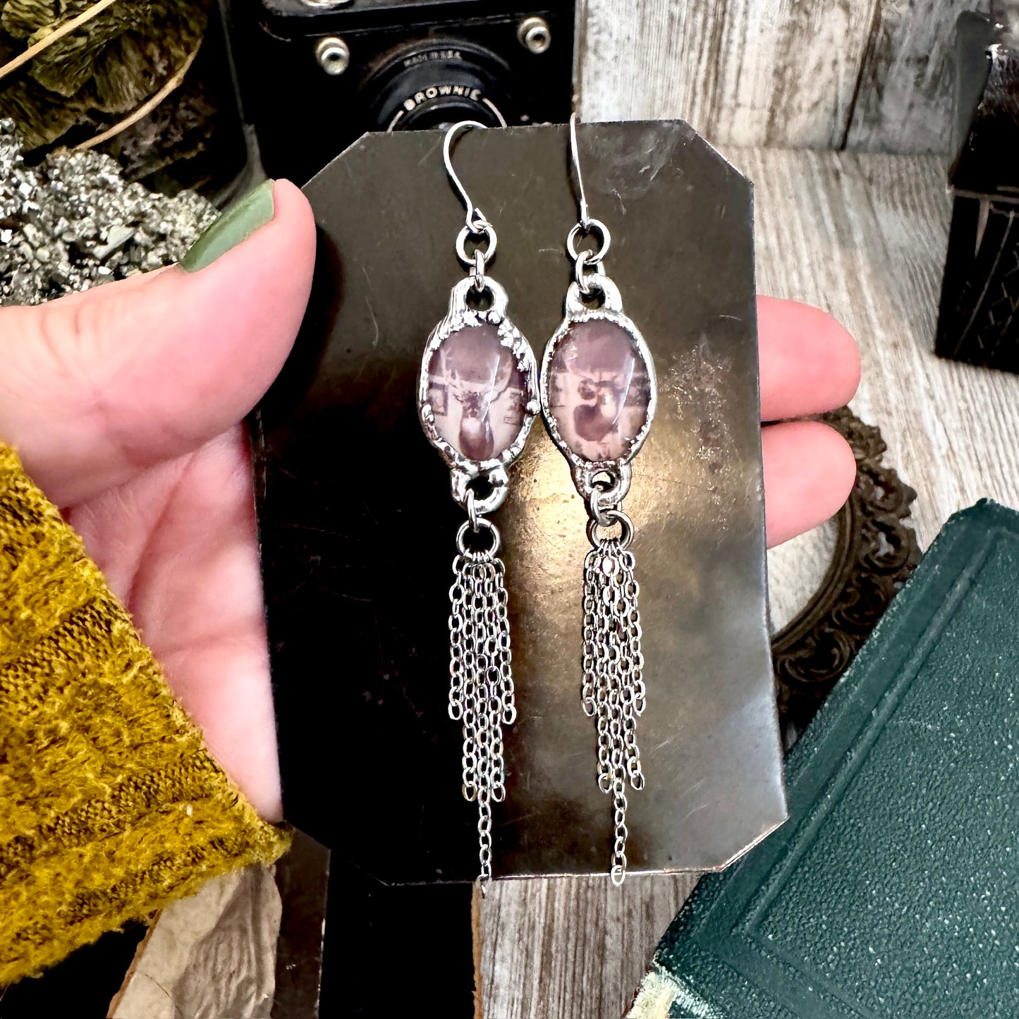Road To Nowhere - Mismatched Vintage Bar / Deer Taxidermy  Fine Silver Long Fringe Earrings