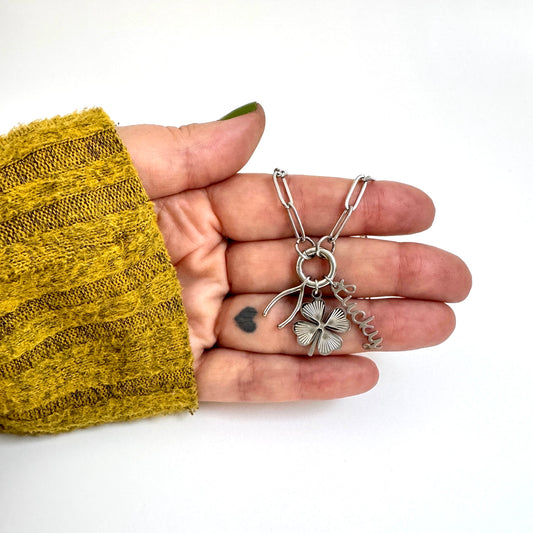 Lucky Charm Bar - Stainless Steel Paperclip Carabiner Charm Holder Necklace / Curated Collection FOXLARK