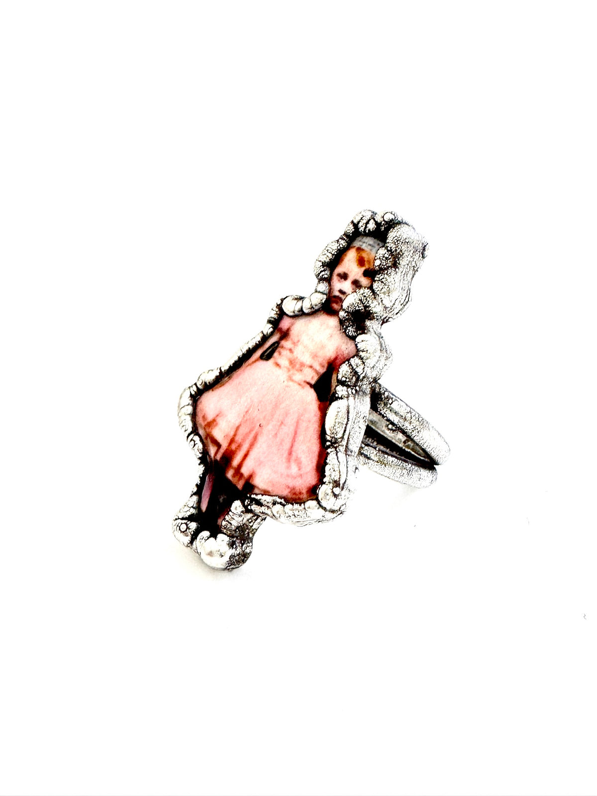 pink party girls statement ring, fine silver