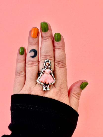pink party girls statement ring, fine silver