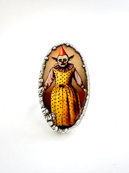 clown girl statement ring, fine silver, size 7.5