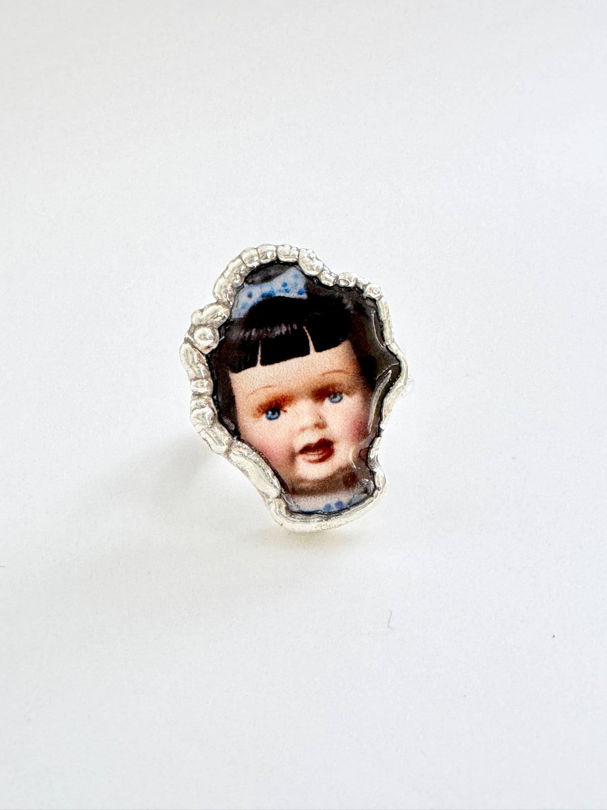 blue bow doll head ring, fine silver, size 9
