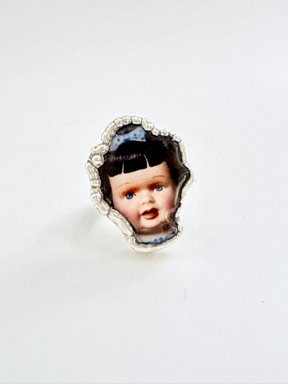 blue bow doll head ring, fine silver, size 9