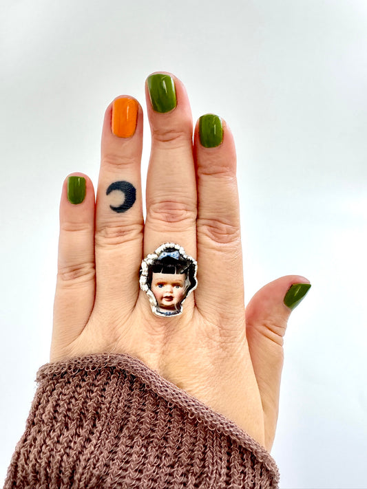 blue bow doll head ring, fine silver, size 9