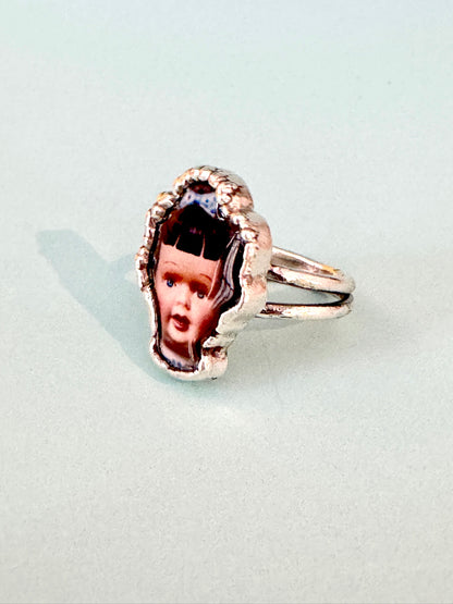 blue bow doll head ring, fine silver, size 9