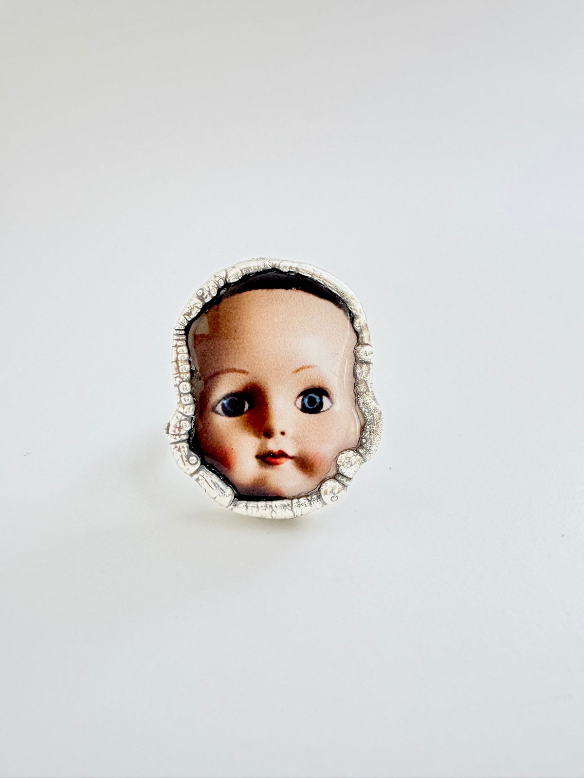 doll head statement ring, fine silver, size 9.5