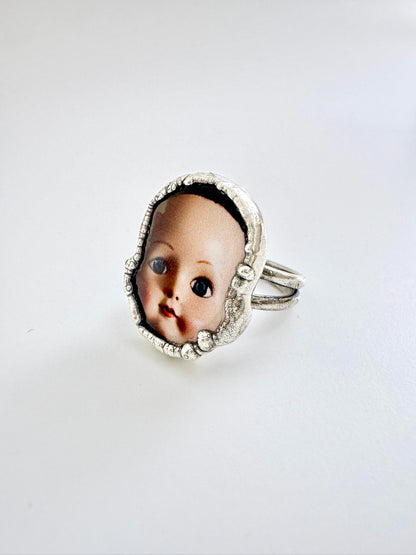 doll head statement ring, fine silver, size 9.5