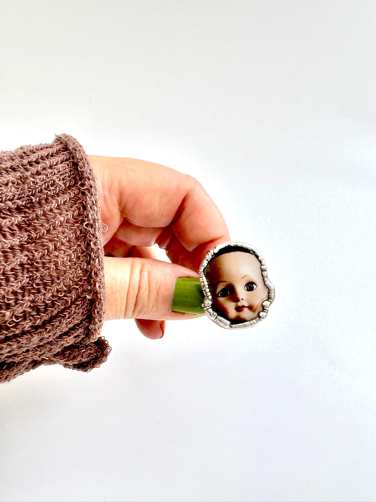 doll head statement ring, fine silver, size 9.5