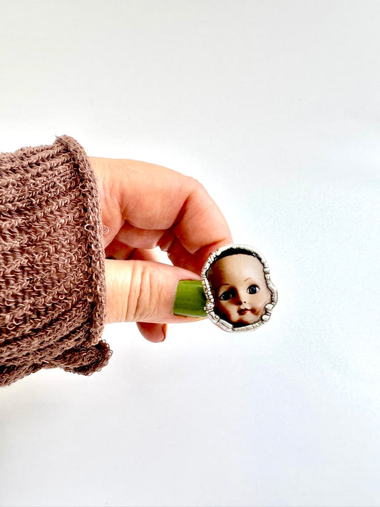 doll head statement ring, fine silver, size 9.5