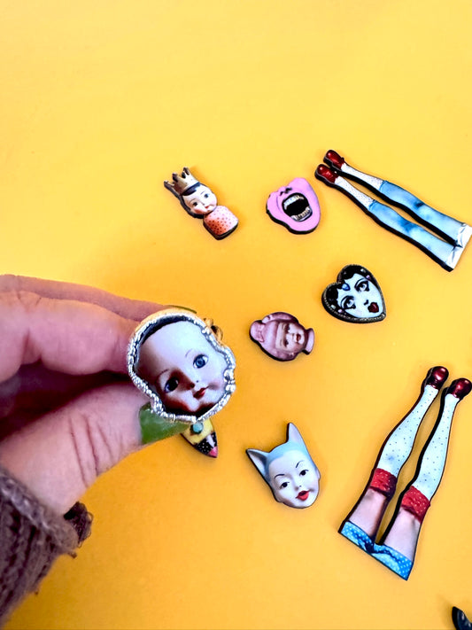doll head statement ring, fine silver, size 9.5