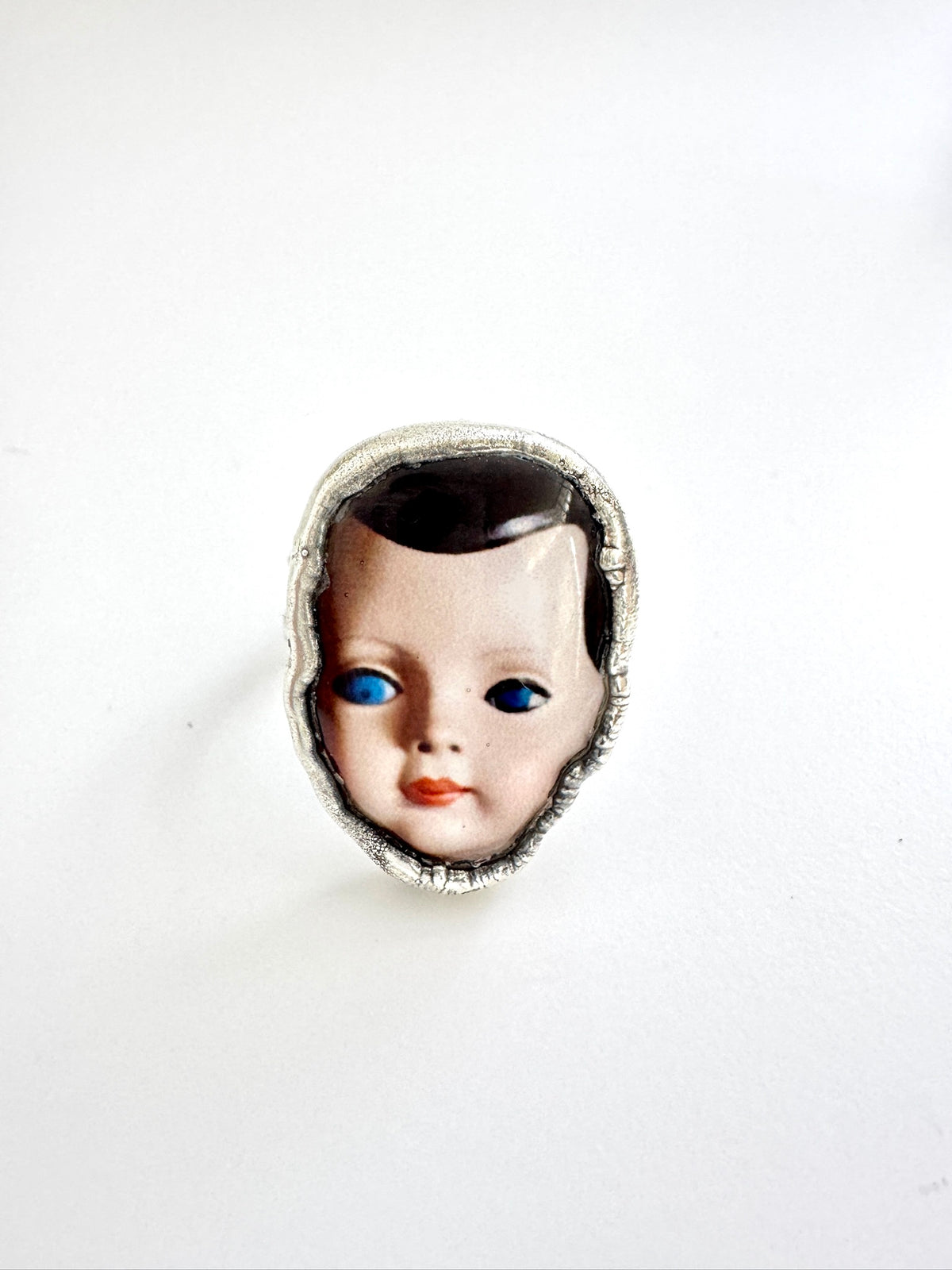 doll head statement ring, fine silver, size 10.5