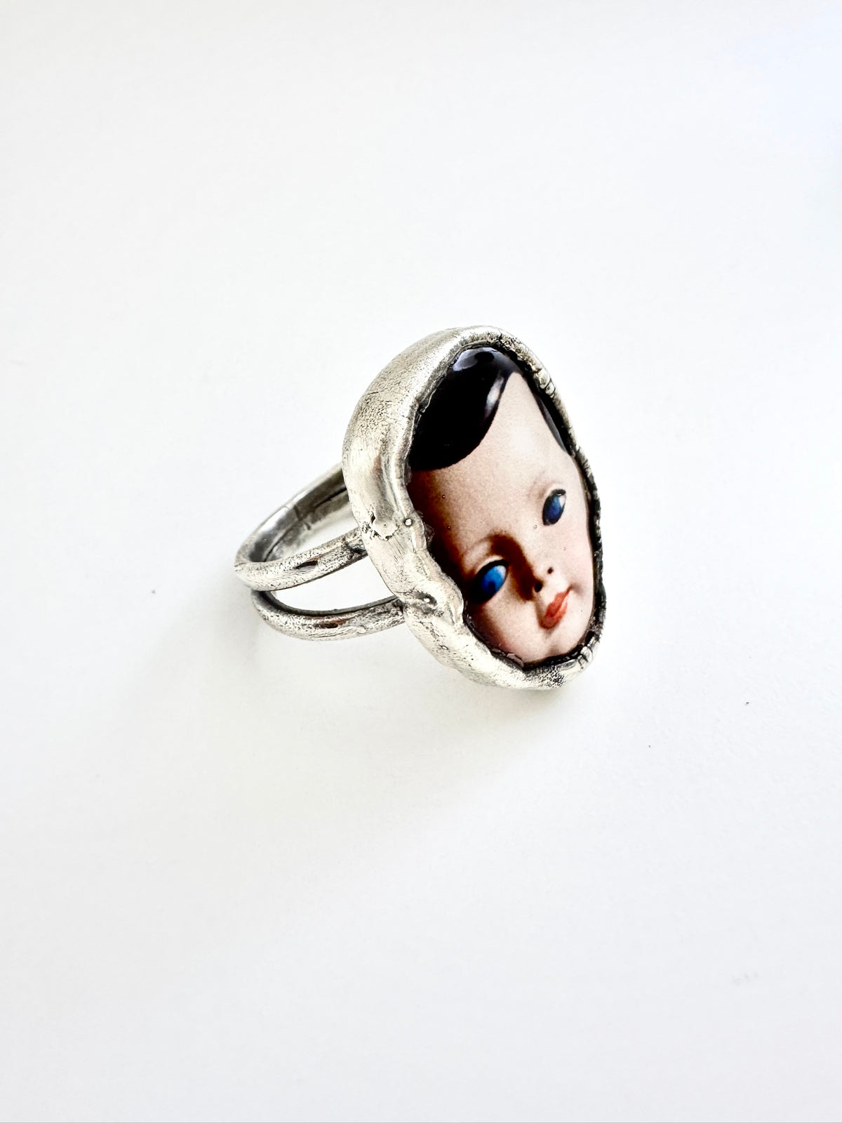 doll head statement ring, fine silver, size 10.5