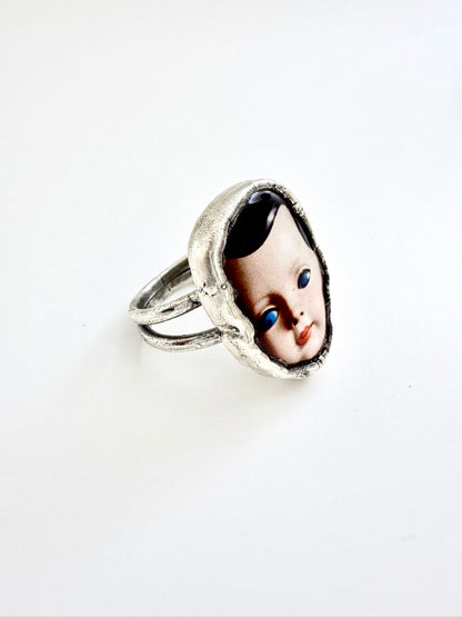 doll head statement ring, fine silver, size 10.5