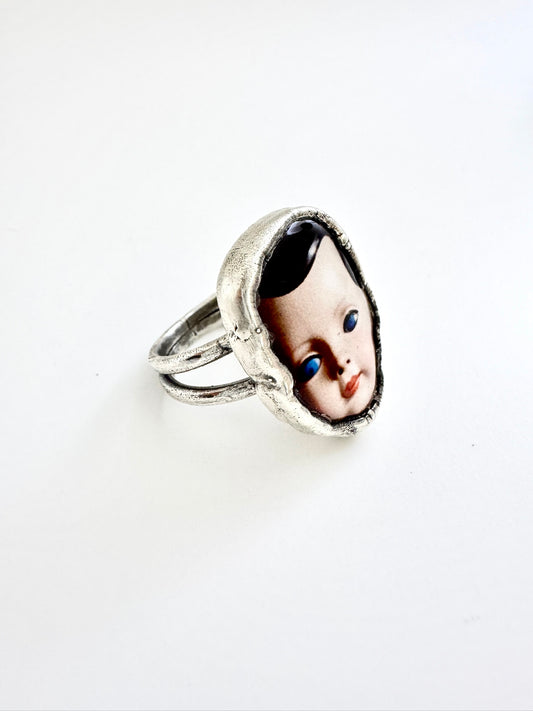 doll head statement ring, fine silver, size 10.5