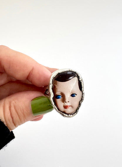 doll head statement ring, fine silver, size 10.5
