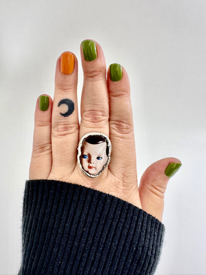 doll head statement ring, fine silver, size 10.5