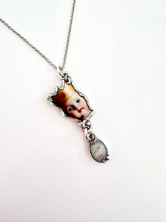 doll head necklace, rainbow moonstone, fine silver