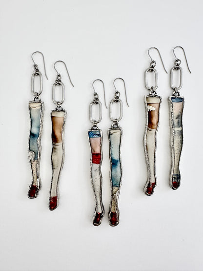 mismatched doll leg dangle earrings, fine silver