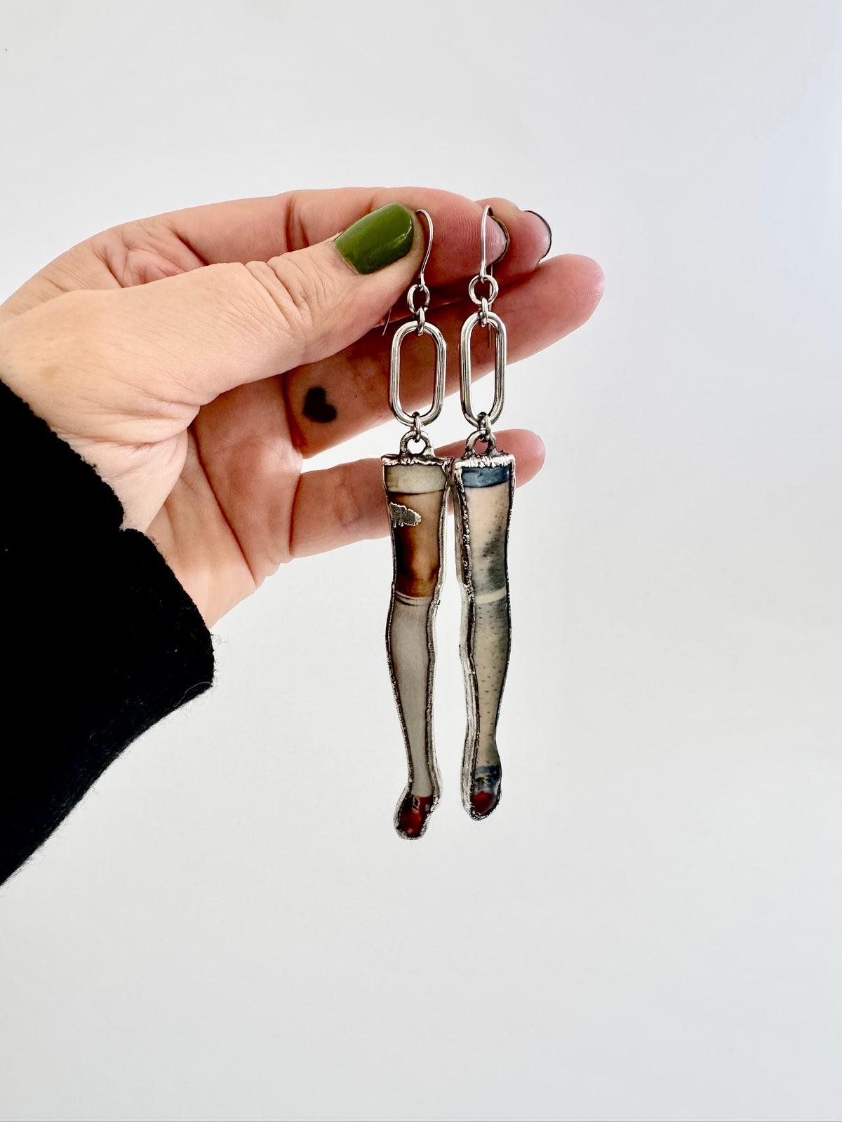 mismatched doll leg dangle earrings, fine silver