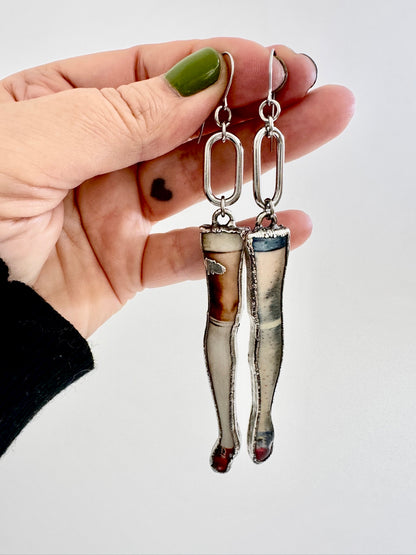 mismatched doll leg dangle earrings, fine silver