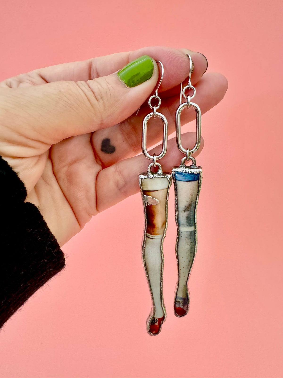 mismatched doll leg dangle earrings, fine silver