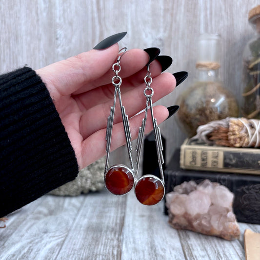 Red Carnelian Fine Silver Crystal Drop Earrings / Long Dangle Witchy Earrings
