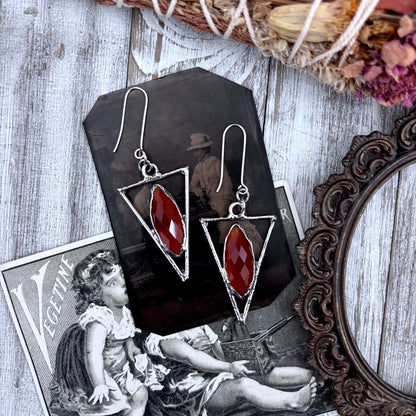 Carnelian Triangle Fine Silver Crystal Drop Earrings / Long Dangle Witchy Earrings
