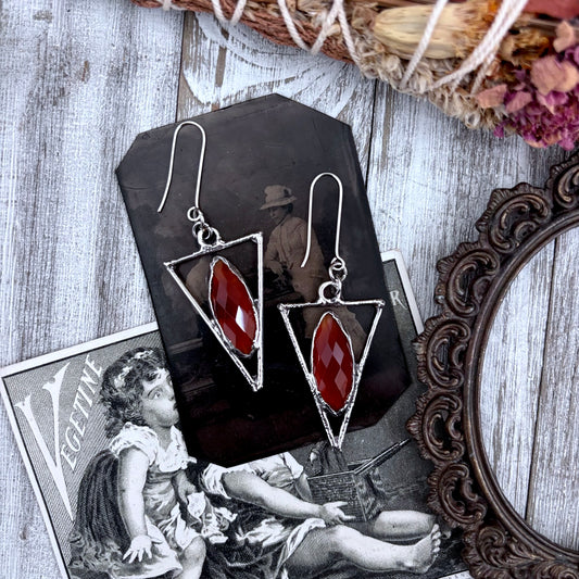 Carnelian Triangle Fine Silver Crystal Drop Earrings / Long Dangle Witchy Earrings