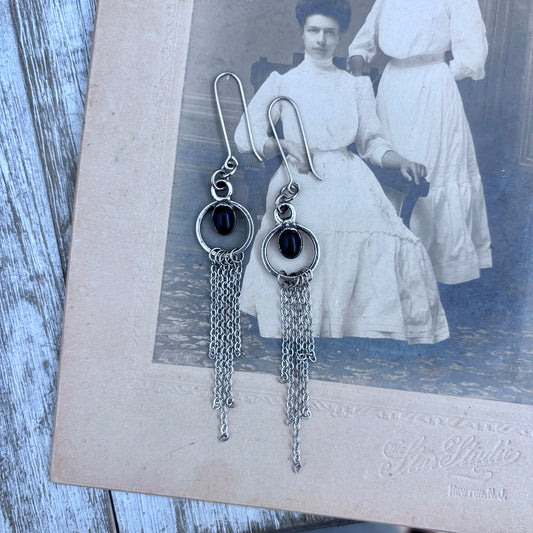 Black Onyx Hoop And Fringe Fine Silver Crystal Earrings / Long Dangle Witchy Earrings
