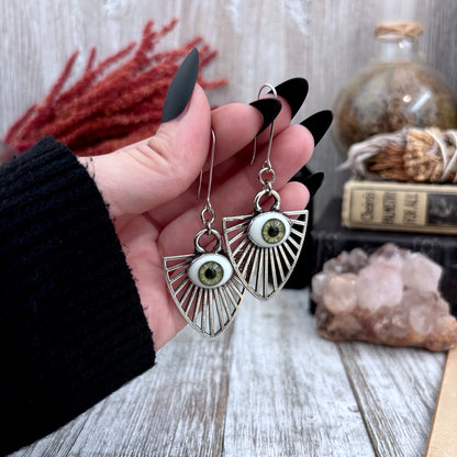 Green Iris Eyeball Fine Silver Crystal Drop Earrings / Long Dangle Witchy Earrings