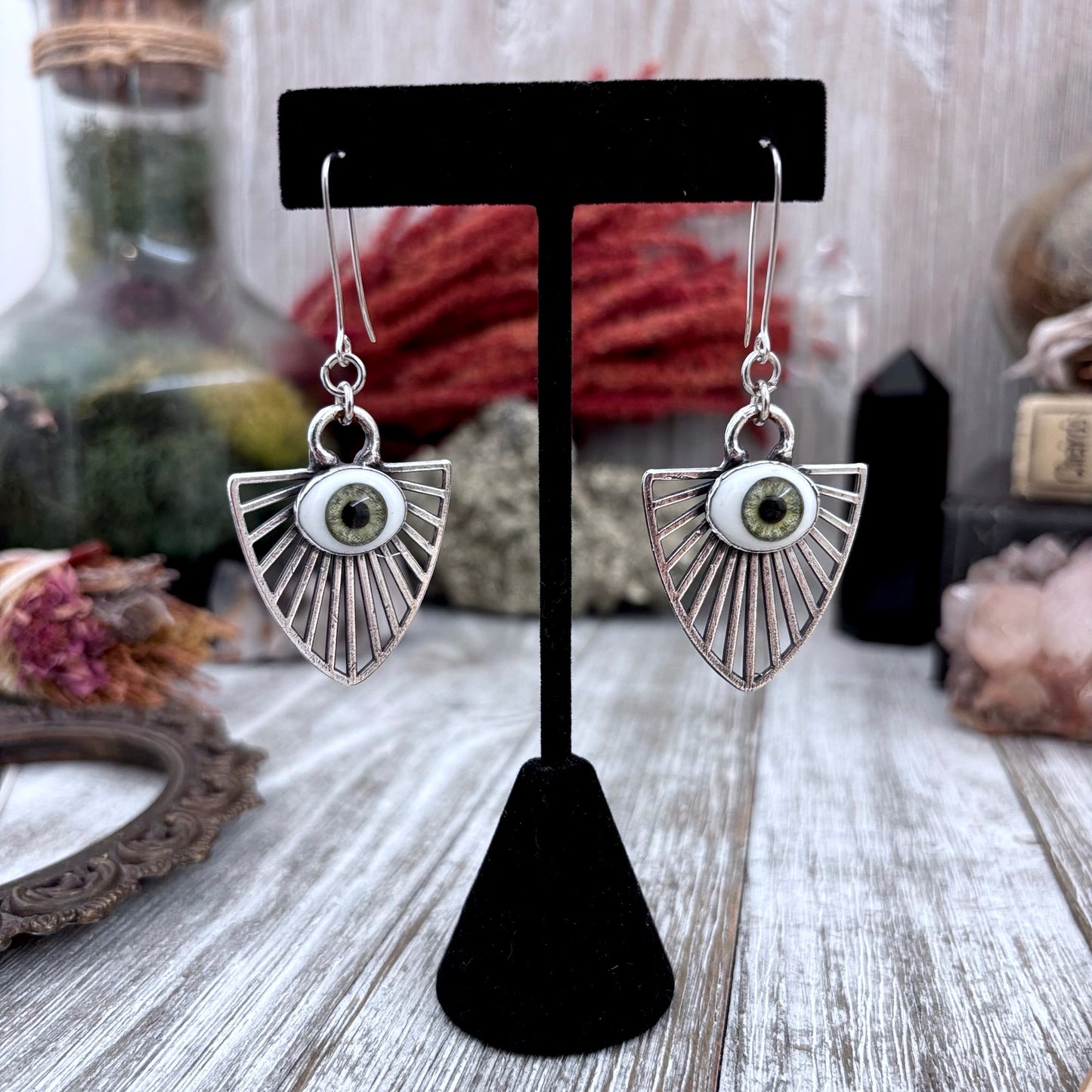Green Iris Eyeball Fine Silver Crystal Drop Earrings / Long Dangle Witchy Earrings
