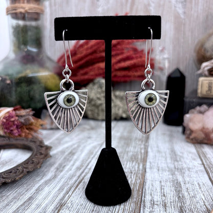 Green Iris Eyeball Fine Silver Crystal Drop Earrings / Long Dangle Witchy Earrings
