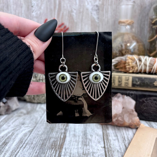 Green Iris Eyeball Fine Silver Crystal Drop Earrings / Long Dangle Witchy Earrings
