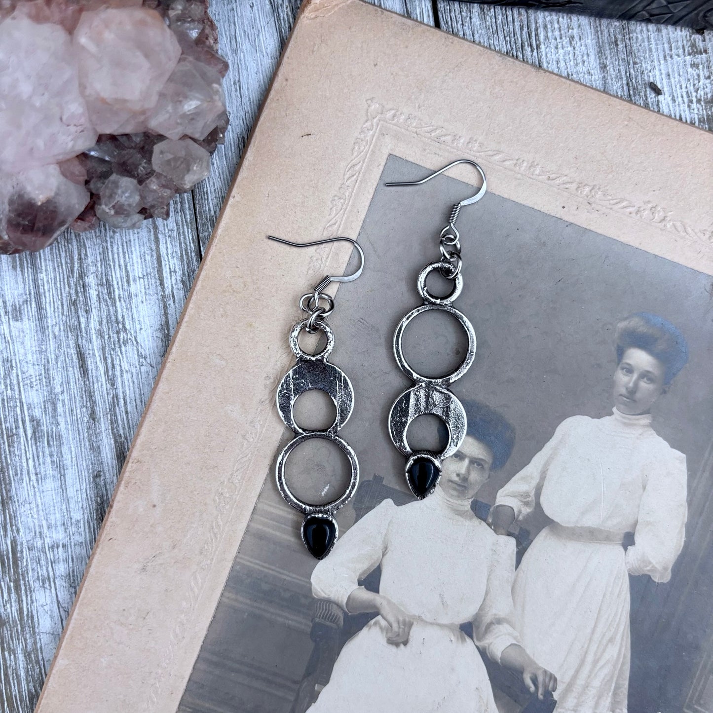 Black Onyx Fine Silver Crystal Drop Earrings / Long Dangle Witchy Earrings
