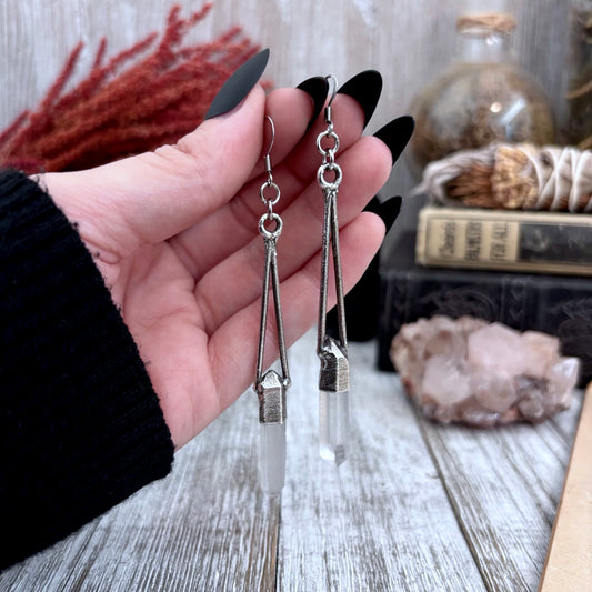 Raw Clear Quartz Fine Silver Crystal Drop Earrings / Long Dangle Witchy Earrings