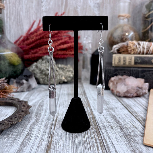 Raw Clear Quartz Fine Silver Crystal Drop Earrings / Long Dangle Witchy Earrings