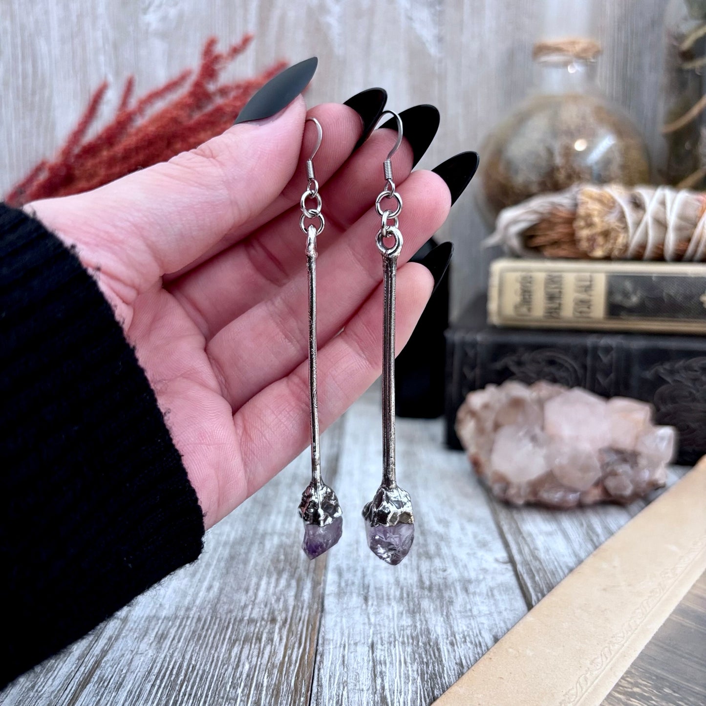 Raw Amethyst Fine Silver Crystal Drop Earrings / Long Dangle Witchy Earrings