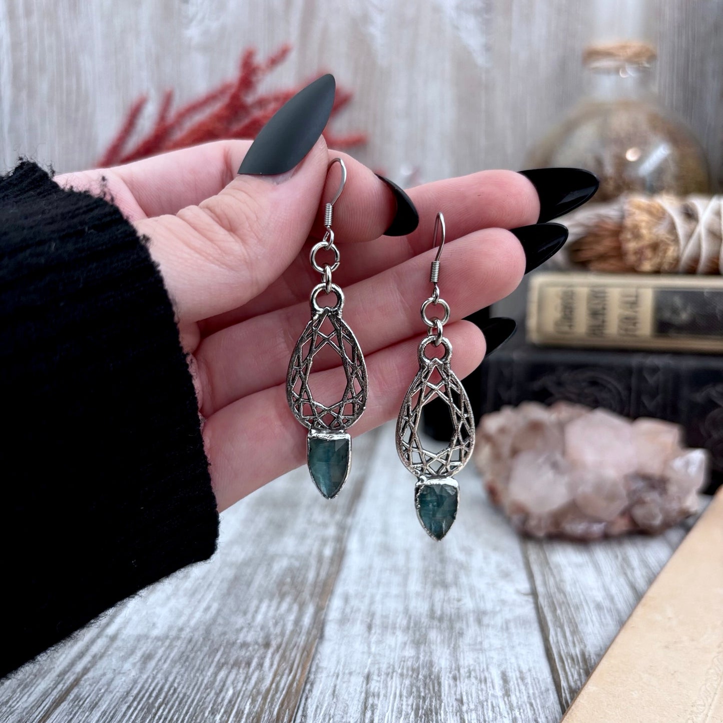 Blue Kyanite Fine Silver Crystal Drop Earrings / Long Dangle Witchy Earrings