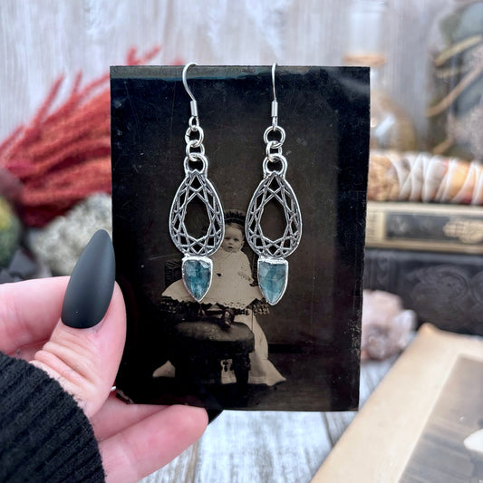 Blue Kyanite Fine Silver Crystal Drop Earrings / Long Dangle Witchy Earrings