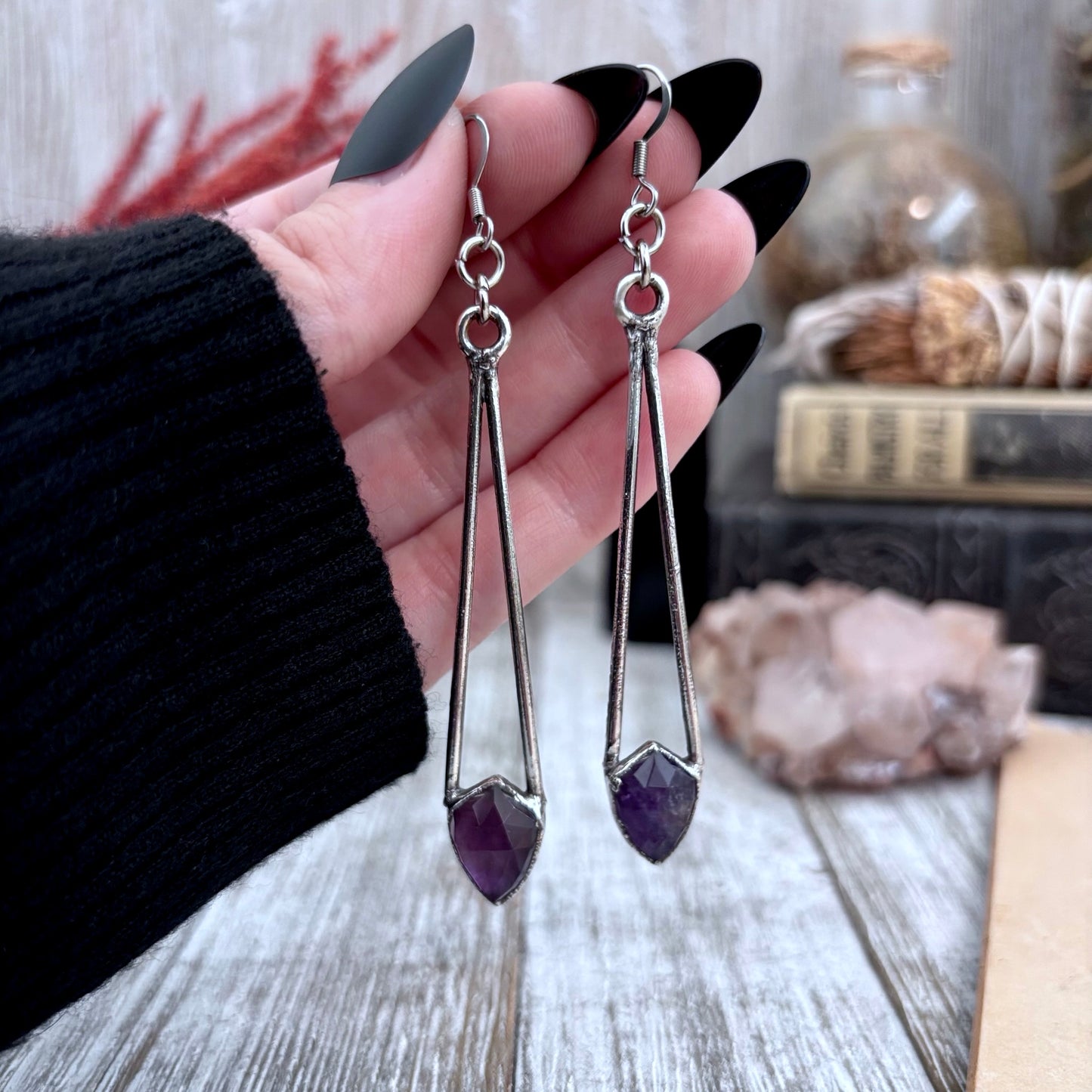 Faceted Amethyst Fine Silver Crystal Drop Earrings / Long Dangle Witchy Earrings